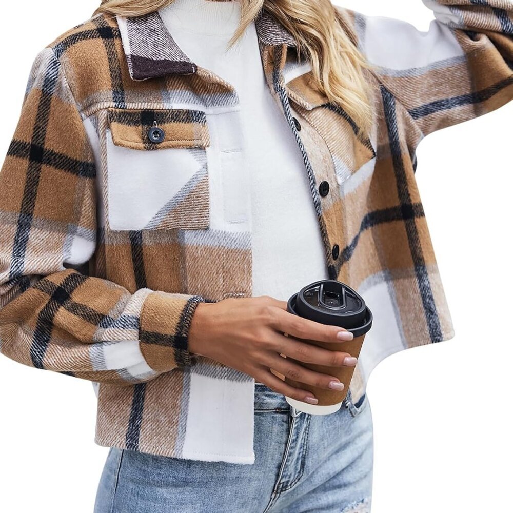 Brand New Flannel Cropped Shacket Jacket For Women - Small, Ydl1, Casual, Versat